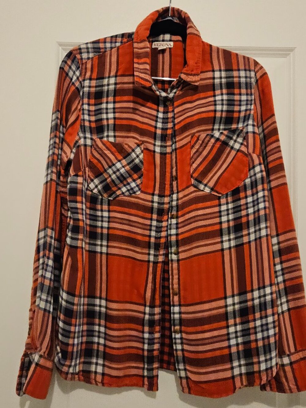 Merona Orange Plaid Flannel Shirt Size M — Button Down / Dual Chest Pockets